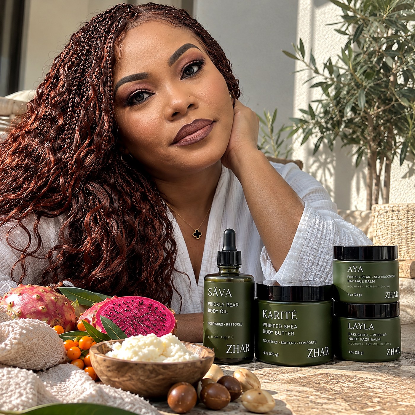 Sophia Yarima-Dridi with Sāva, Karité, Aya and Layla, shea butter and prickly pear