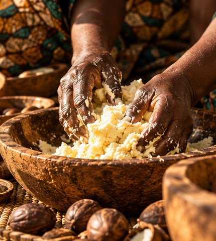 A woman's hands working fresh shea butter in a wooden bowl