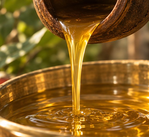 Golden melted shea poured from a clay vessel
