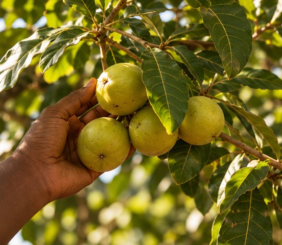 A hand gathering shea fruit from the tree